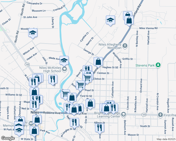 map of restaurants, bars, coffee shops, grocery stores, and more near 28 Blaine Street in Niles