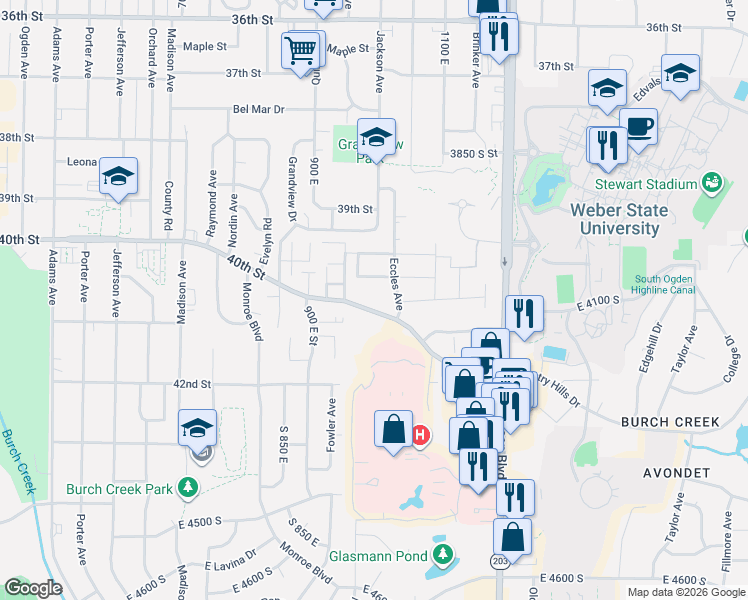 map of restaurants, bars, coffee shops, grocery stores, and more near 980 Country Hills Drive in Ogden