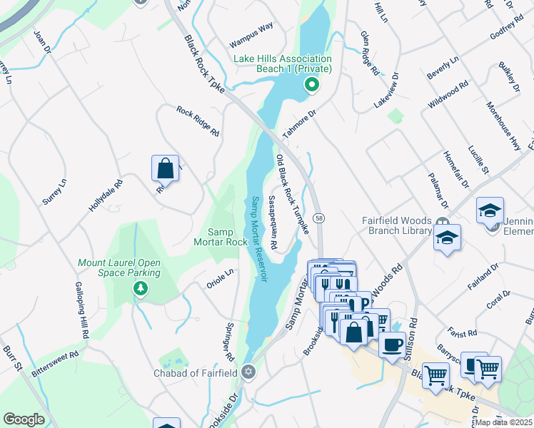 map of restaurants, bars, coffee shops, grocery stores, and more near 135 Sasapequan Road in Fairfield