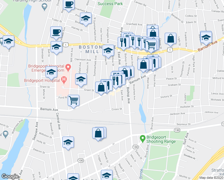 map of restaurants, bars, coffee shops, grocery stores, and more near 1651 Barnum Avenue in Bridgeport