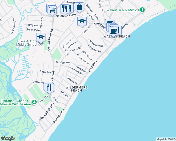 map of restaurants, bars, coffee shops, grocery stores, and more near 7 Wood Avenue in Milford