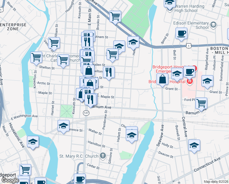 map of restaurants, bars, coffee shops, grocery stores, and more near 1048 Pembroke Street in Bridgeport