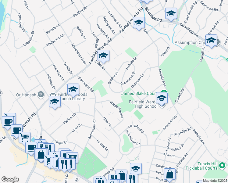 map of restaurants, bars, coffee shops, grocery stores, and more near 92 Garden Drive in Fairfield