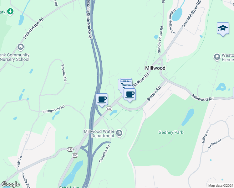 map of restaurants, bars, coffee shops, grocery stores, and more near 236 Saw Mill River Road in Millwood
