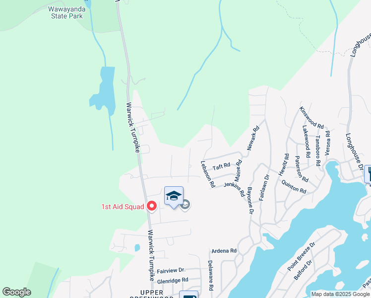 map of restaurants, bars, coffee shops, grocery stores, and more near 25 Alps Road in Vernon Township