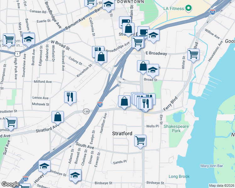 map of restaurants, bars, coffee shops, grocery stores, and more near 135 Beardsley Avenue in Stratford