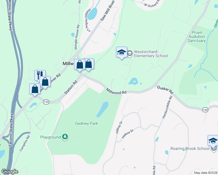 map of restaurants, bars, coffee shops, grocery stores, and more near 158 Millwood Road in Chappaqua