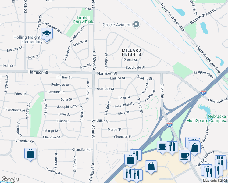 map of restaurants, bars, coffee shops, grocery stores, and more near 7103 South 130th Street in Omaha