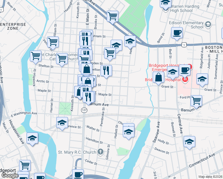 map of restaurants, bars, coffee shops, grocery stores, and more near 1048 Pembroke Street in Bridgeport