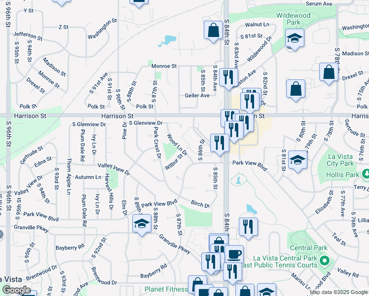 map of restaurants, bars, coffee shops, grocery stores, and more near 7147 Wood Lane Drive in La Vista