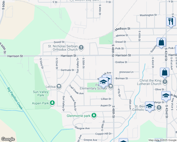 map of restaurants, bars, coffee shops, grocery stores, and more near 7106 South 49th Avenue Circle in Omaha