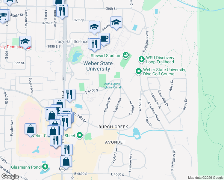 map of restaurants, bars, coffee shops, grocery stores, and more near 4097 Edgehill Drive in Ogden
