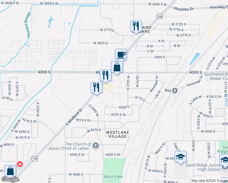 map of restaurants, bars, coffee shops, grocery stores, and more near 4084 Midland Drive in Roy