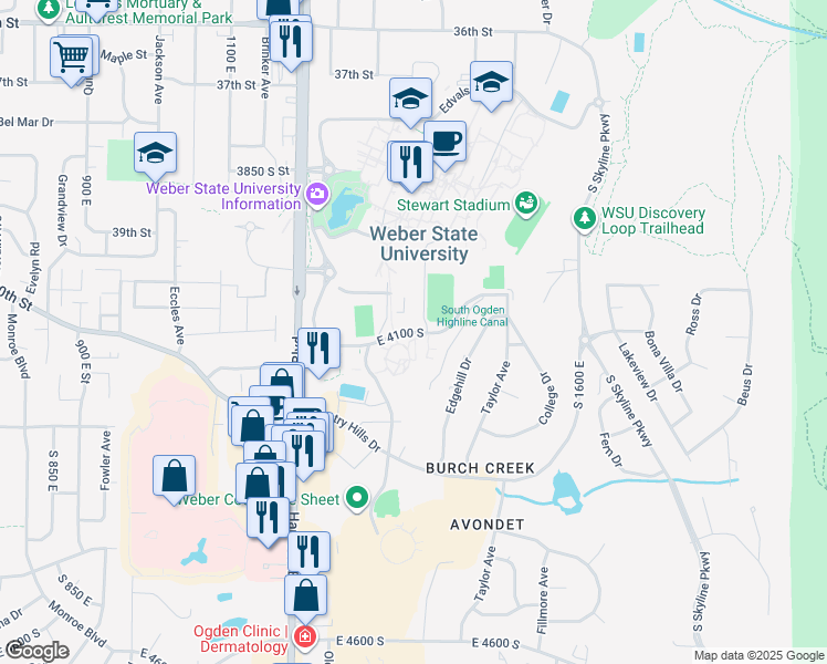 map of restaurants, bars, coffee shops, grocery stores, and more near Village Drive in Ogden