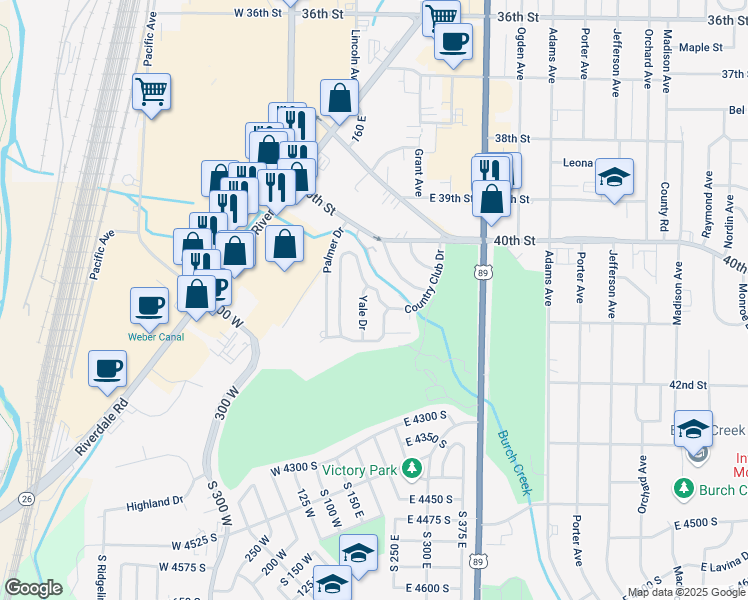 map of restaurants, bars, coffee shops, grocery stores, and more near 225 Country Club Drive in Ogden