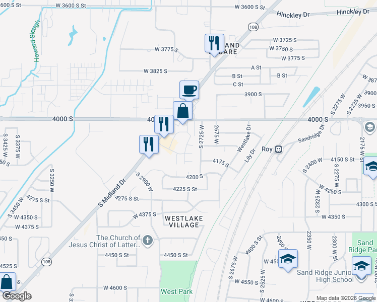 map of restaurants, bars, coffee shops, grocery stores, and more near 2782 West 4140 South in Roy