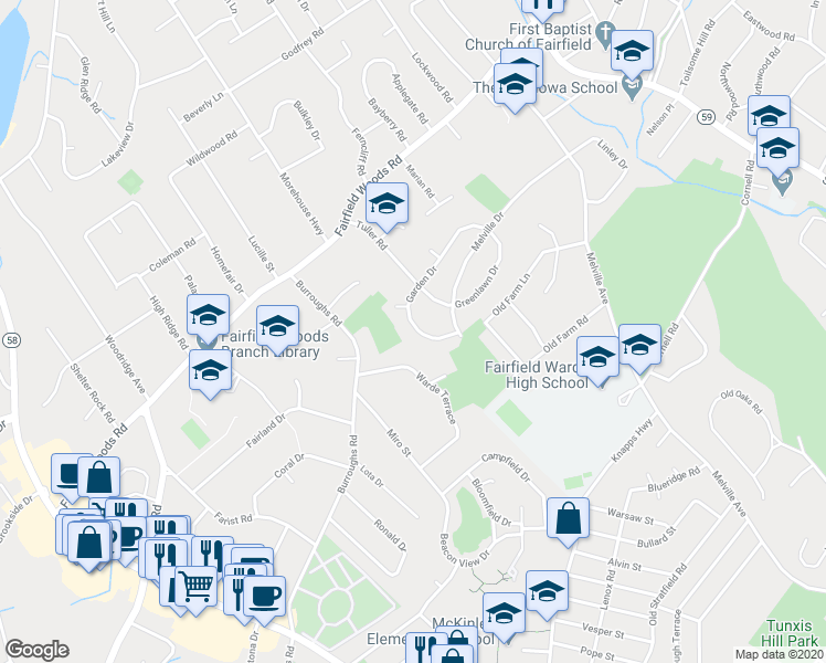 map of restaurants, bars, coffee shops, grocery stores, and more near 76 Garden Drive in Fairfield