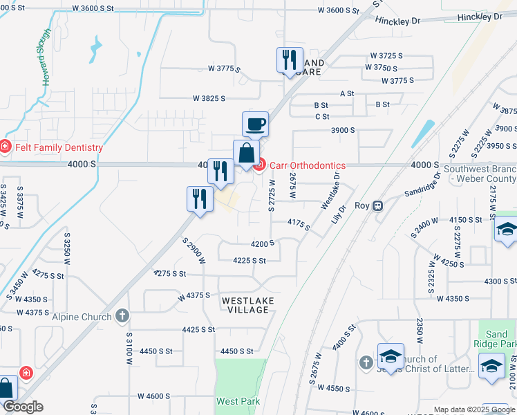 map of restaurants, bars, coffee shops, grocery stores, and more near 2782 West 4140 South in Roy