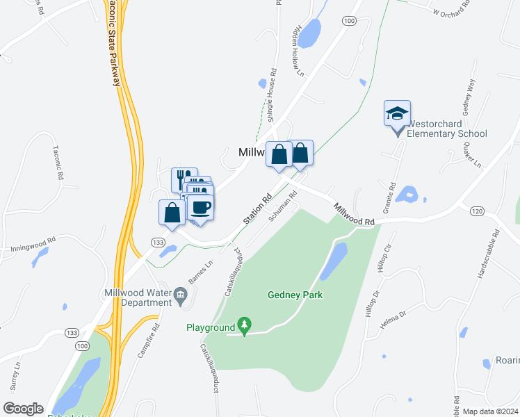 map of restaurants, bars, coffee shops, grocery stores, and more near 10 Station Place in Millwood