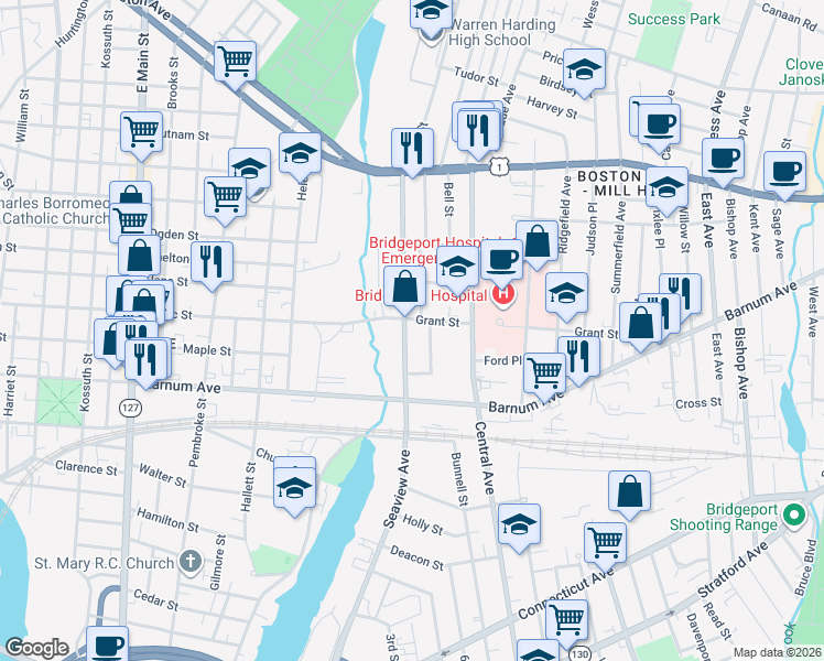 map of restaurants, bars, coffee shops, grocery stores, and more near 1880 Seaview Avenue in Bridgeport