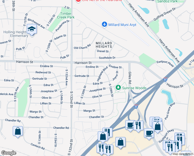 map of restaurants, bars, coffee shops, grocery stores, and more near 7116 Highland Boulevard in Omaha