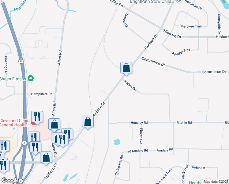 map of restaurants, bars, coffee shops, grocery stores, and more near 4491 Hudson Drive in Stow