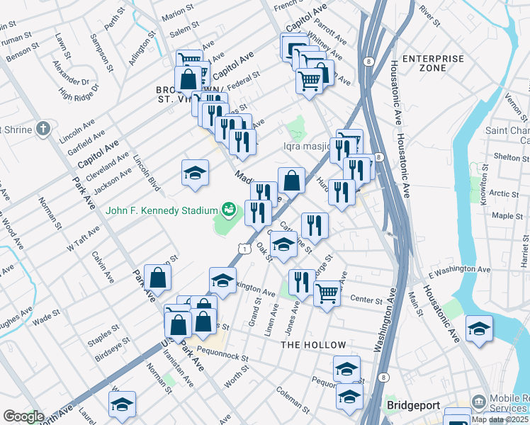 map of restaurants, bars, coffee shops, grocery stores, and more near 544 Center Street in Bridgeport