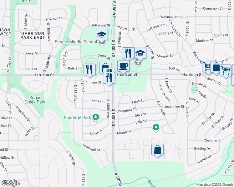 map of restaurants, bars, coffee shops, grocery stores, and more near 17914 Gertrude Circle in Omaha