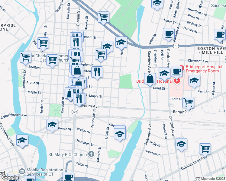map of restaurants, bars, coffee shops, grocery stores, and more near 527 Hallett Street in Bridgeport