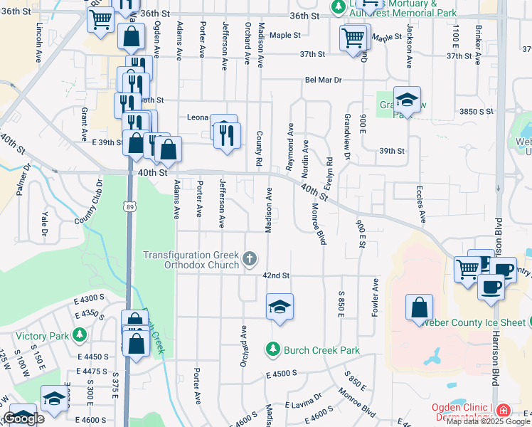 map of restaurants, bars, coffee shops, grocery stores, and more near 4065 Madison Avenue in Ogden