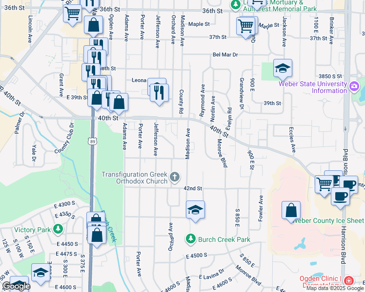 map of restaurants, bars, coffee shops, grocery stores, and more near 4065 Madison Avenue in Ogden