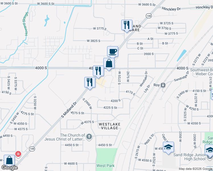 map of restaurants, bars, coffee shops, grocery stores, and more near 4084 Midland Drive in Roy