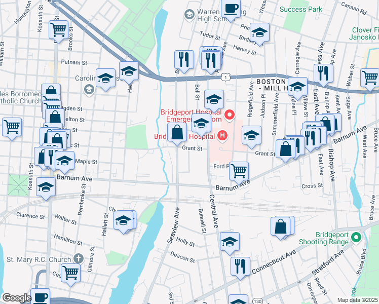 map of restaurants, bars, coffee shops, grocery stores, and more near 152 Grant Street in Bridgeport