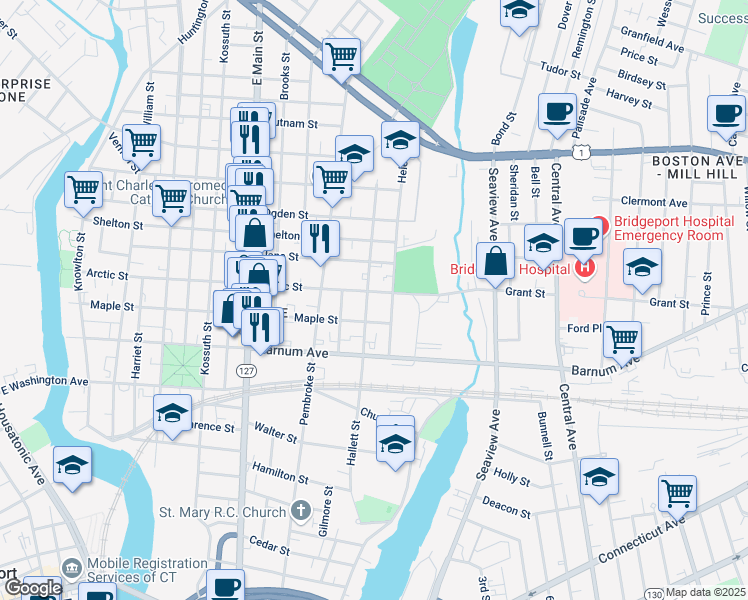 map of restaurants, bars, coffee shops, grocery stores, and more near 527 Hallett Street in Bridgeport