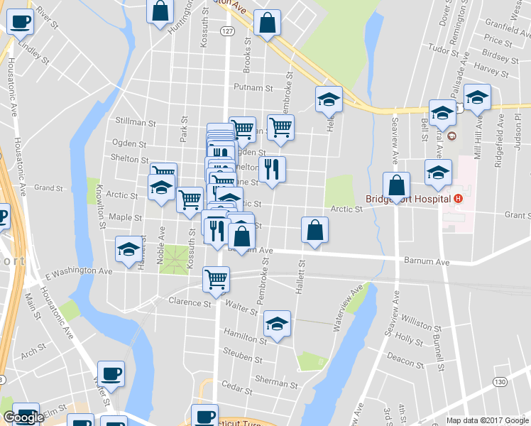 map of restaurants, bars, coffee shops, grocery stores, and more near 1048 Pembroke Street in Bridgeport