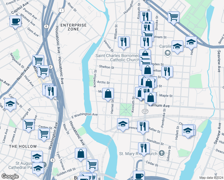 map of restaurants, bars, coffee shops, grocery stores, and more near 216 Maple Street in Bridgeport