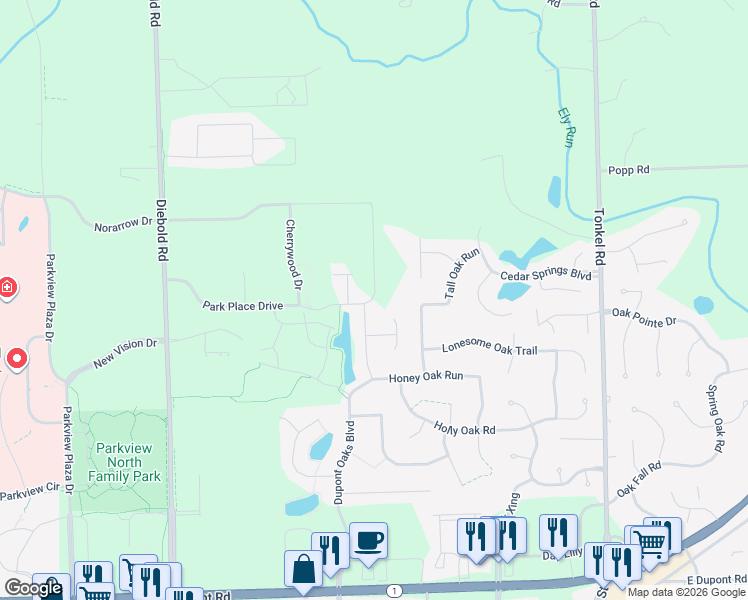 map of restaurants, bars, coffee shops, grocery stores, and more near 11293 Parkers Bay Drive in Fort Wayne