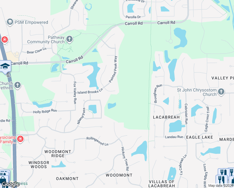 map of restaurants, bars, coffee shops, grocery stores, and more near 807 Island Cove Court in Fort Wayne