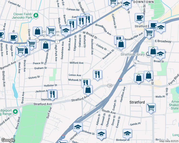 map of restaurants, bars, coffee shops, grocery stores, and more near 170 Knowlton Street in Stratford