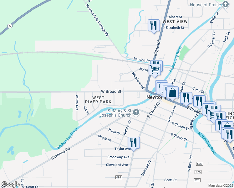 map of restaurants, bars, coffee shops, grocery stores, and more near 14 West 4th Street in Newton Falls