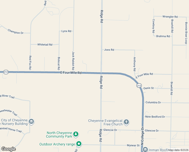 map of restaurants, bars, coffee shops, grocery stores, and more near 7604 Ridge Road in Cheyenne