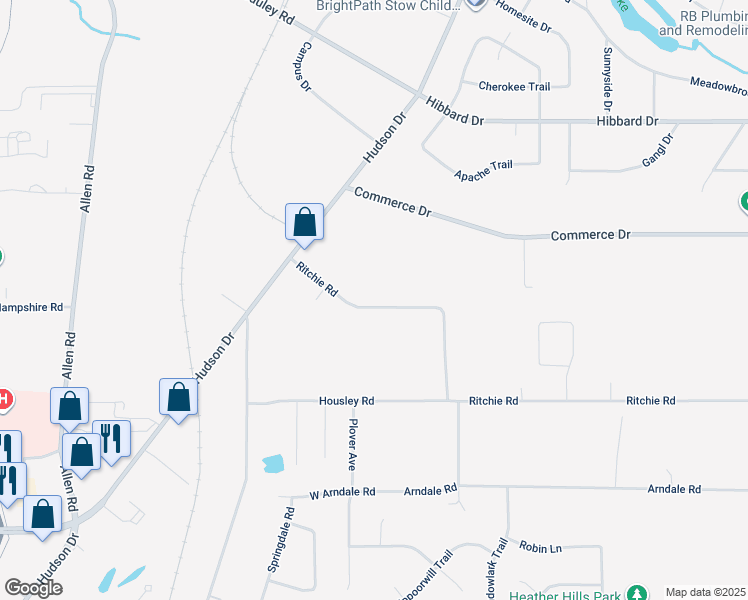 map of restaurants, bars, coffee shops, grocery stores, and more near 1283 Ritchie Road in Stow