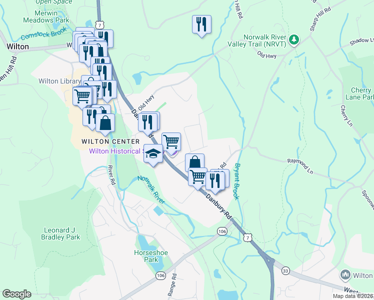 map of restaurants, bars, coffee shops, grocery stores, and more near 7 Deerfield Road in Wilton