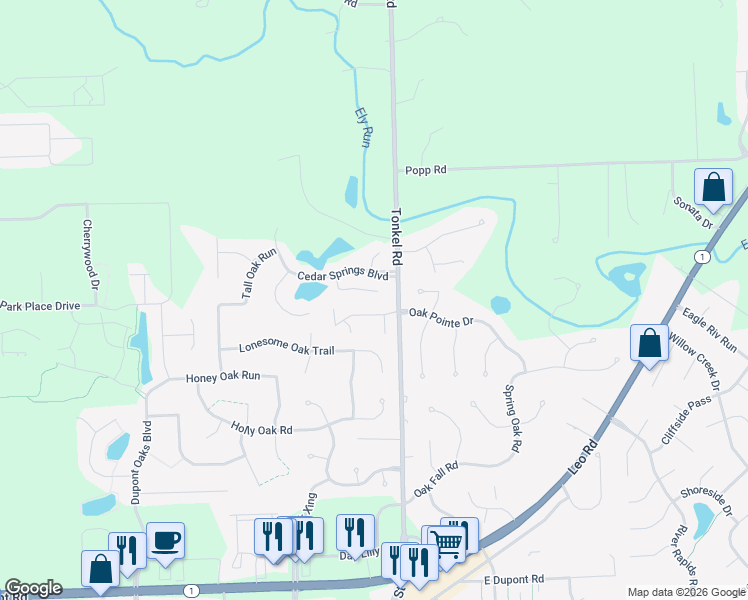 map of restaurants, bars, coffee shops, grocery stores, and more near 5416 Cedar Cove in Fort Wayne