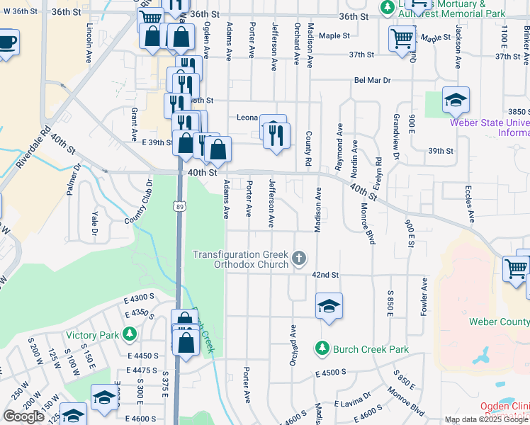 map of restaurants, bars, coffee shops, grocery stores, and more near 4075 Jefferson Avenue in Ogden