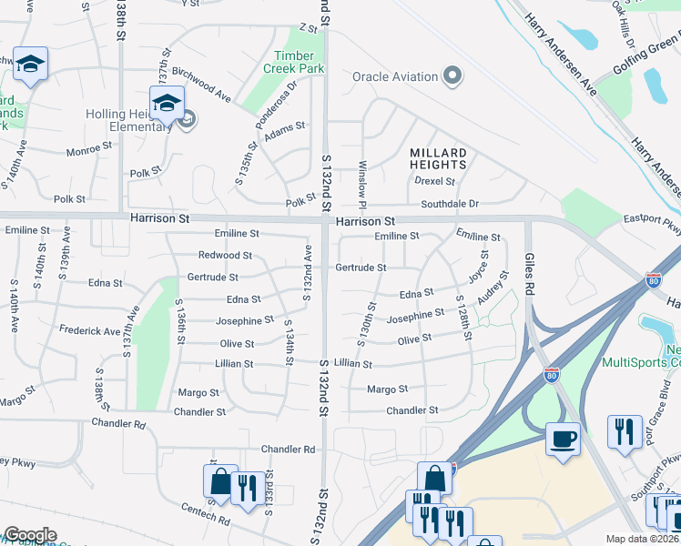 map of restaurants, bars, coffee shops, grocery stores, and more near 13110 Edna Street in Omaha
