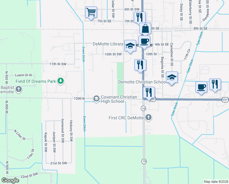 map of restaurants, bars, coffee shops, grocery stores, and more near 1425 Cedar Street Southwest in De Motte