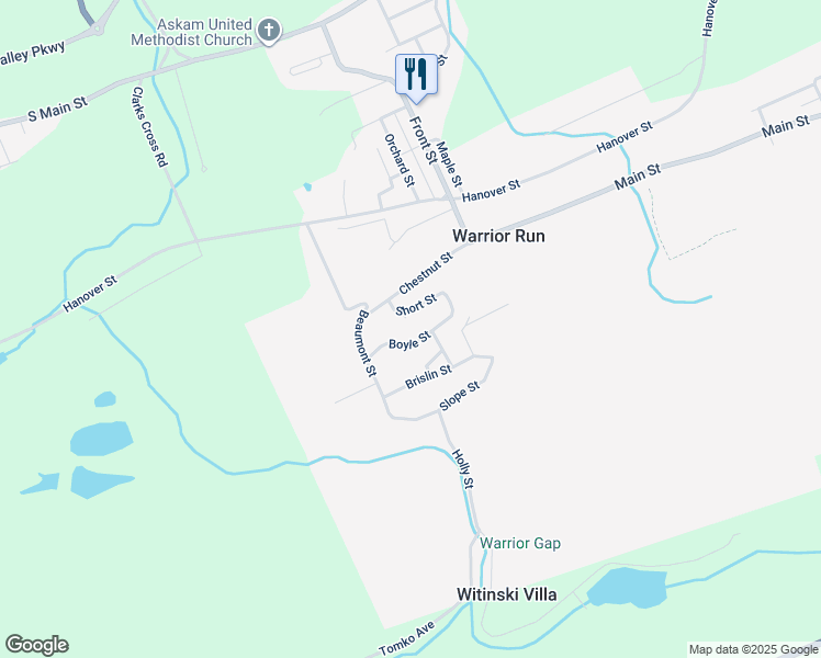 map of restaurants, bars, coffee shops, grocery stores, and more near 341 Boyle Street in Warrior Run
