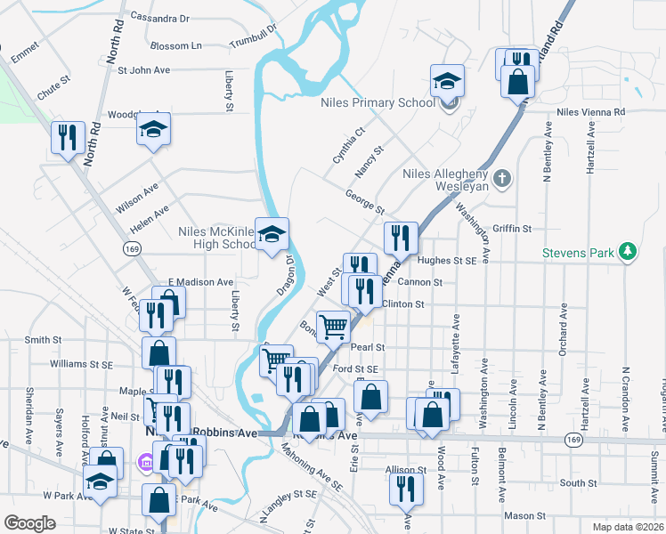 map of restaurants, bars, coffee shops, grocery stores, and more near 422 West Street in Niles