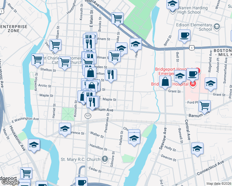 map of restaurants, bars, coffee shops, grocery stores, and more near 1048 Pembroke Street in Bridgeport